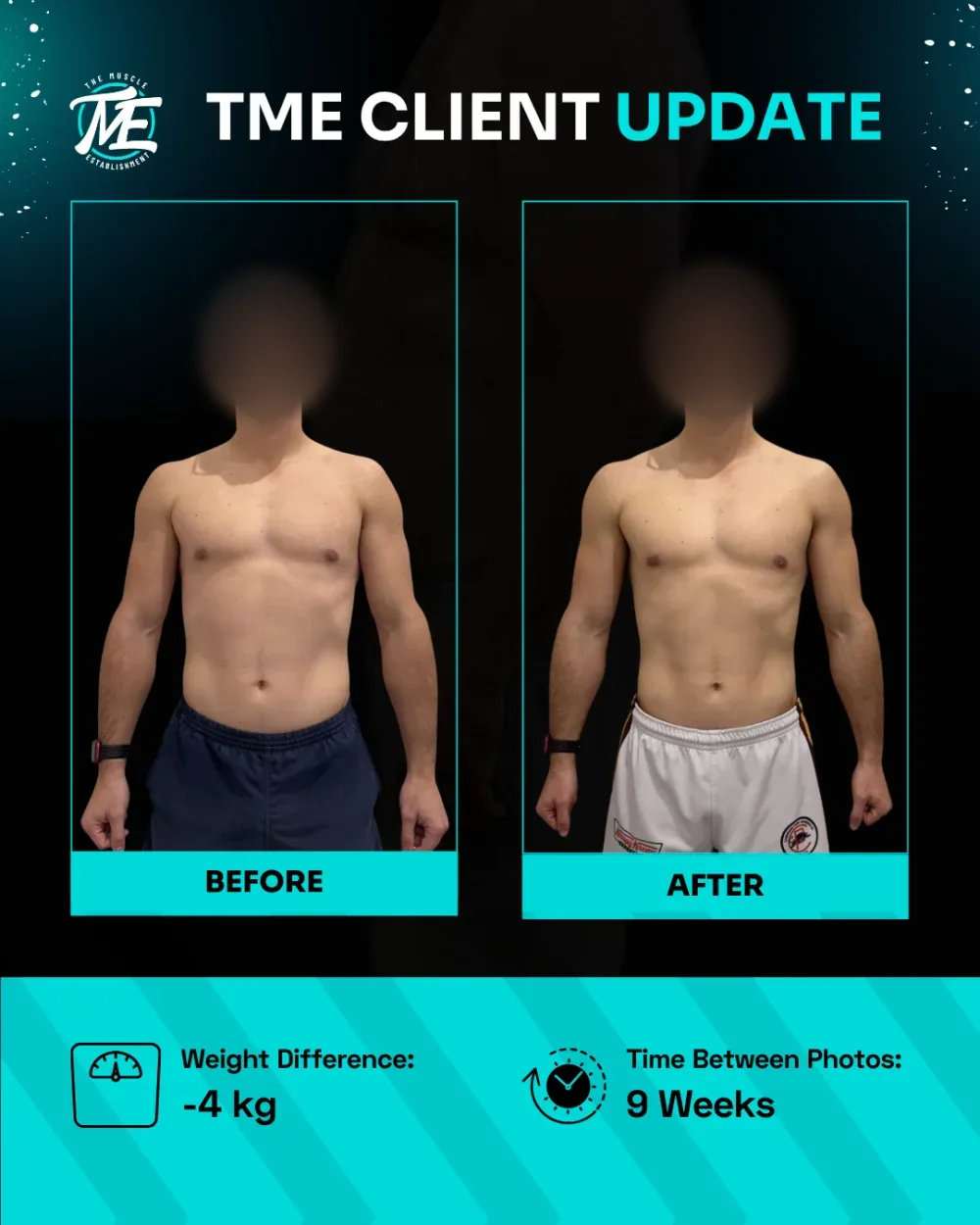 Cameron, front view, before and after