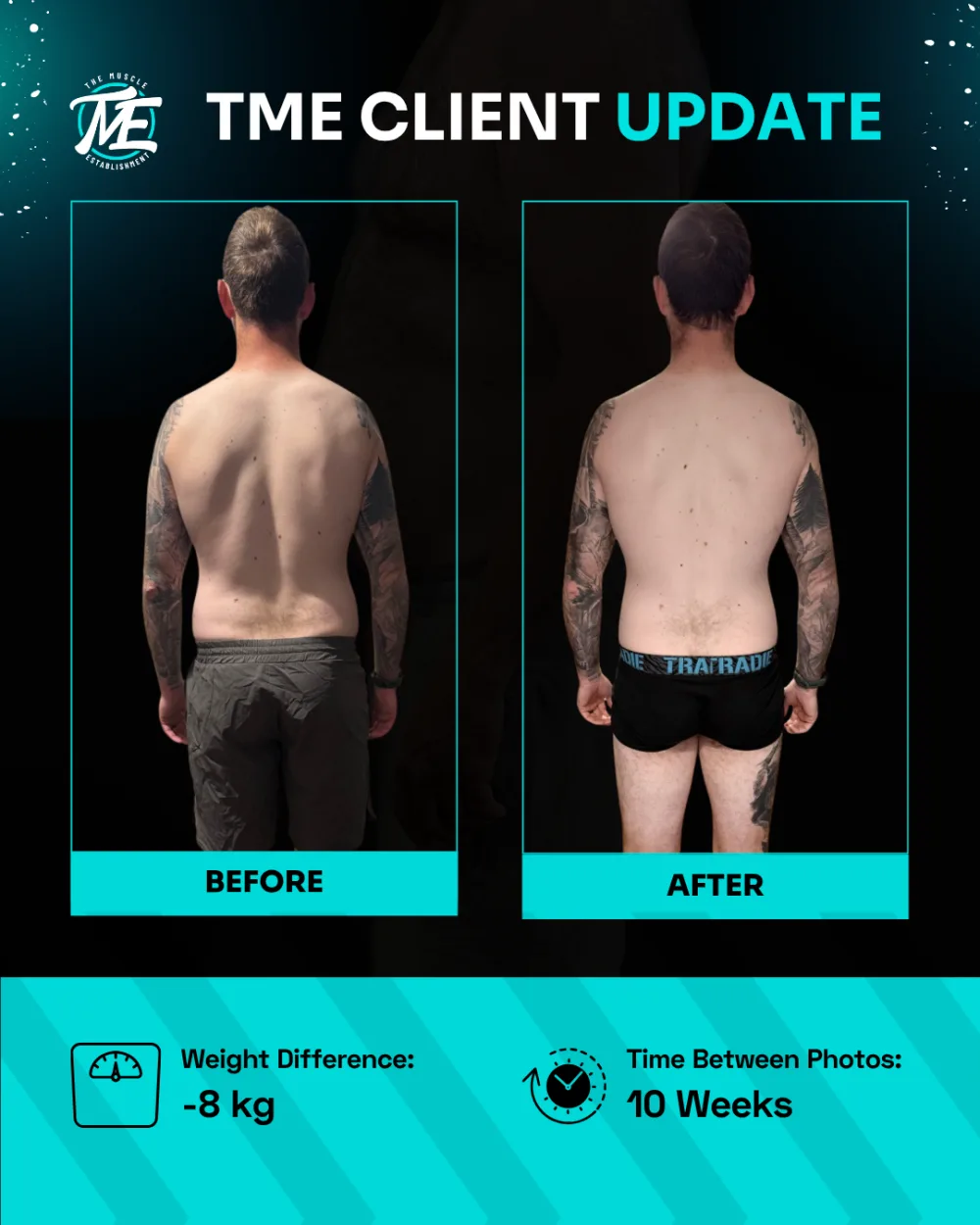 Darcy, back view, before and after